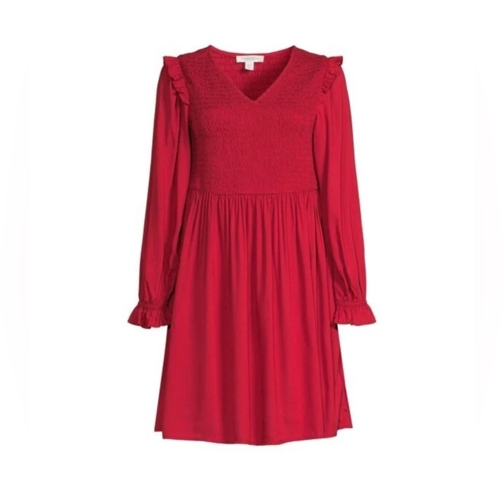 Beach Lunch Lounge Long Sleeve Smocked Babydoll Red A-line Dress V-neck Boho XXL - Picture 2 of 10